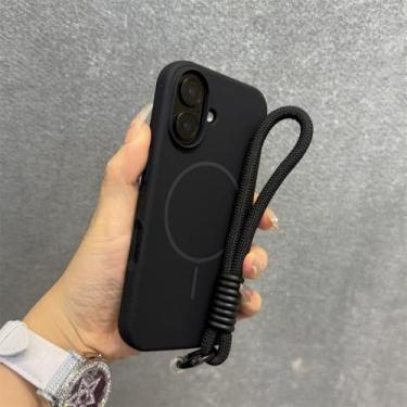 Imagem de Capa de silicone líquido para iPhone 16, 11, 12, 13, 14, 15 Pro Max, 16 Plus, alça de pulso, cordão magnético, preta, para iPhone 11 Pro Max
