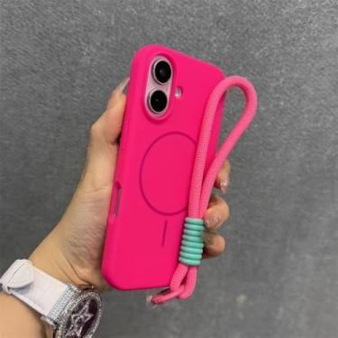 Imagem de Capa de silicone líquido para iPhone 16, 11, 12, 13, 14, 15 Pro Max, 16 Plus, alça de pulso, cordão magnético, rosa, vermelho, para iPhone 16 Pro