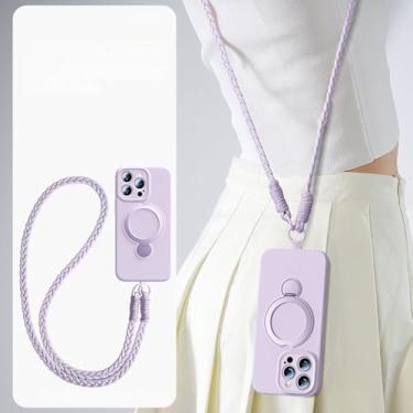 Imagem de Capa protetora de silicone líquido 360 com cordão magnético para iPhone 16 Plus 13 15 14 16 Pro Max, capa macia e protetora com alça de carregamento, roxa, para iPhone 13