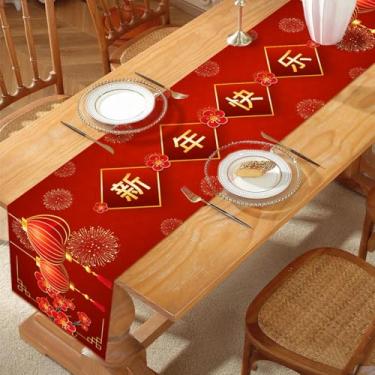 Imagem de Caminho de mesa de ano novo chinês, caminho de mesa vermelho com fogos de artifício de flor de ameixa e padrões de lanterna, festival da primavera lunar da China, decoração de jantar de inverno para