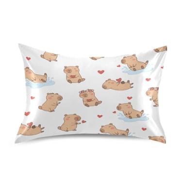 Imagem de Blueangle Fronha de cetim refrescante para cabelo e pele, capa de almofada capivaras dos namorados, tamanho padrão 51 x 66 cm com fecho de envelope (666)