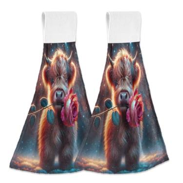 Imagem de Joitme Lindas toalhas de mão de vaca Highland floral penduradas com laço pacote com 2, panos de prato ultra macios absorventes de cozinha e banheiro, toalhas decorativas para amarrar no forno com fita