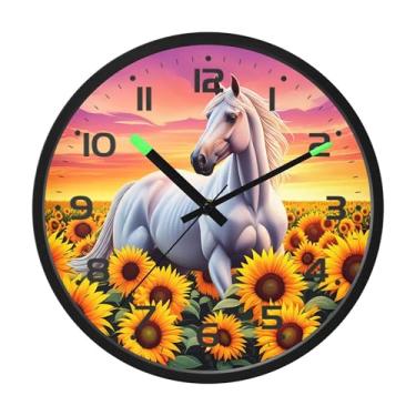 Imagem de SEHANY Relógio de parede artístico majestoso cavalos silencioso, sem tique-taque, relógio redondo operado por bateria, controle de som, luz noturna, relógios de parede para sala de estar, cozinha