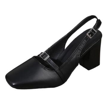Imagem de Sandália feminina sólida de salto quadrado PU superior casual verão plataforma confortável caminhada, Preto, 35