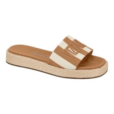 Imagem de Tamanco Slide Feminino Vizzano – Tecido Listrado, Flatform, Leve, Confortável e Uso no Dia a Dia (Branco Off/Camel, BR, Adulto, Numérico, 38)