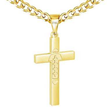 Imagem de Avotto Colar de aço inoxidável 316L com cruz de beisebol/futebol/futebol para homens, meninos, prata, ouro, preto, masculino, 5 mm, corrente cubana resistente que não desbota com pingente de cruz 45