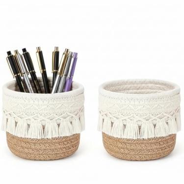 Imagem de Yomjarl Pacote com 2 porta-canetas para mesa, organizador de copos de lápis de corda de algodão, mini cesta de armazenamento tecida à mão, conjunto de 2 cestas de decoração Boho para caneta, lápis