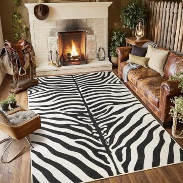 Imagem de B BENRON Tapete de zebra premium, tapetes macios com estampa animal para sala de estar, quarto, 1,2 x 1,8 m, antiderrapante, lavável na máquina para decoração de sala de casa, preto e branco
