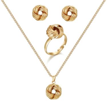 Imagem de IFKM Conjunto de joias banhado a ouro para mulheres, gargantilha, colar, brincos pendurados, conjunto de anéis para formatura, dia dos namorados, aniversário, amizade, presentes, adjustable, Latão