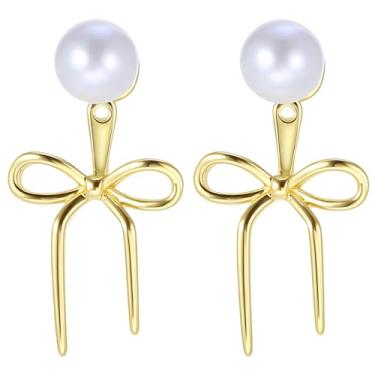 Imagem de Gjinxi 2 peças de brincos de laço para mulheres, brincos de argola banhados a ouro 14 K, brincos delicados de pérola, brincos de pérola fofa para meninas, presentes de casamento e aniversário