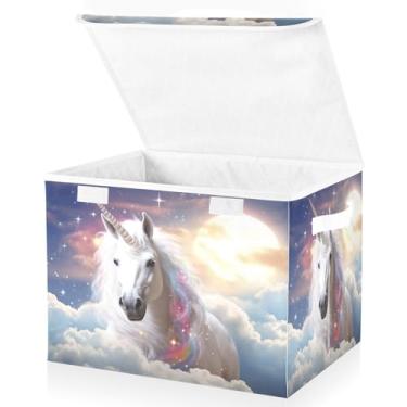 Imagem de Blueangle Cestos de armazenamento de cavalo branco com tampas, 42 x 32 x 30 cm, grande cesta organizadora dobrável para decoração de casa e escritório (216)