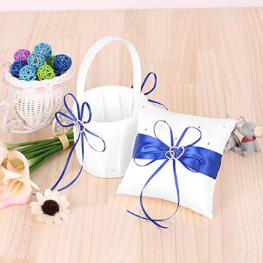 Imagem de Cuofyunl 6 * 6 polegadas duplo coração cetim anel portador travesseiro e cesta de flor de casamento conjunto com fita de strass decoração branca (Azul)