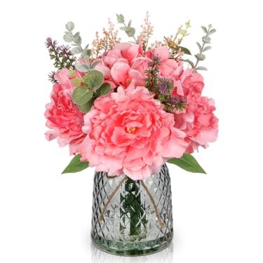 Imagem de Briful Flores falsas com vaso de vidro, peônia artificial, hortênsia, arranjo floral de seda, buquê de flores falsas realistas em vaso para casa, escritório, sala de jantar, mesa, centro de mesa,