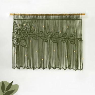 Imagem de Cortina de macramê com saia de 80 x 71 cm, cortinas boêmias, folhas verdes, franjas, macramê, contas de madeira, macramê, decoração de parede