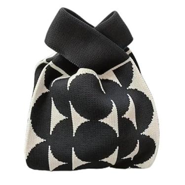 Imagem de Bolsa feminina de malha, moda estética, bolsa de pulso de tecido contrastante para mulheres, design elegante casual para uso diário e ocasiões especiais, preto e branco