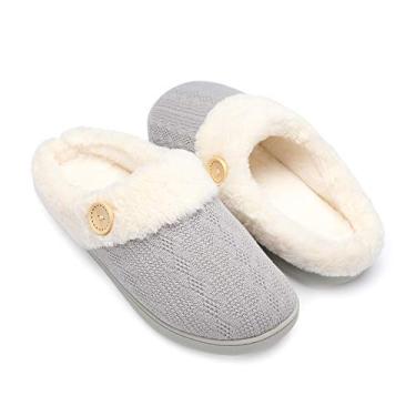 Imagem de Pantufas femininas felpudas da Chantomoo confortáveis com espuma de memória para quarto, pantufas quentes de malha com forro de pele sintética, sapatos sem cadarço, sola de borracha antiderrapante para uso interno ao ar livre, Cinza, 5-6