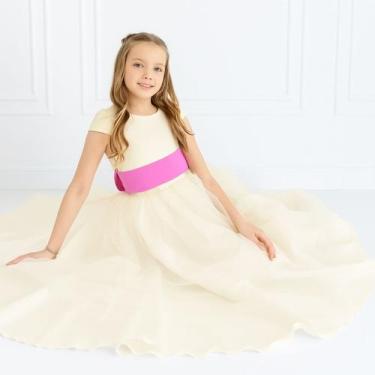 Imagem de Vestido longo Off White com Faixa e Laço ROSA CHICLETE Infantil Festa 