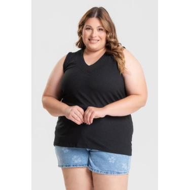 Imagem de Regata Feminina Plus Size Ribana Canelada Decote V - Serena, Preto, G3