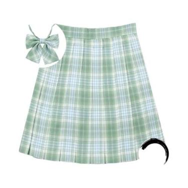 Imagem de Saia Mini Plissada Xadrez Feminina De Cintura Alta Com Laço Estilo Pre