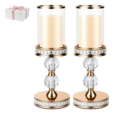 Imagem de Suporte de vela Hurricane, castiçais de pilar com manga de vidro com caixa de presente, suportes de vela de cristal para aquecimento doméstico, casamento, decoração de sala de jantar, centro de mesa
