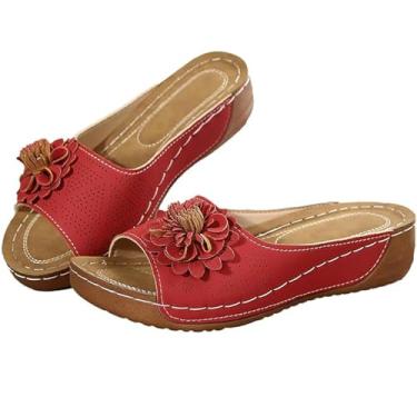 Imagem de RiceelSor Sandálias femininas elegantes de flor ortopédica plataforma casual confortável com bico aberto, com suporte de arco, chinelos de praia boho de verão, Vermelho, 34