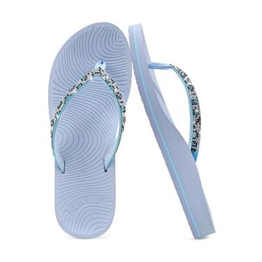 Imagem de KuaiLu Chinelo feminino de strass com suporte de arco confortável tapete de ioga sandálias de almofada moda verão praia viagem ortopédica caminhada tanga sandálias sem cadarço fascite plantar sapatos