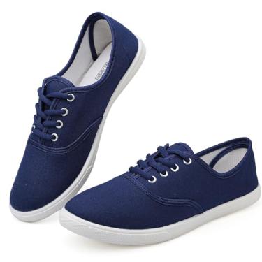 Imagem de Chaoslook Tênis feminino de lona branco leve com cadarço moderno confortável sapatos de lona cano baixo sem cadarço casual tênis caminhada calçados femininos, Azul, 40