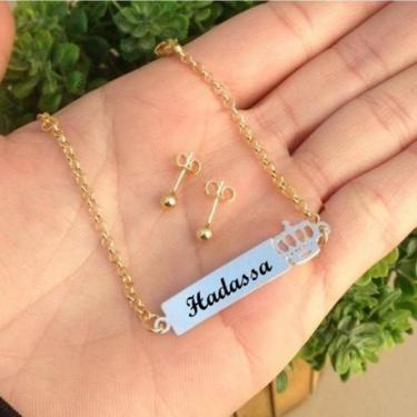 Imagem de Conjunto Infantil Pulseira Chapinha Coroa Brinco Bolinha Banho De Ouro