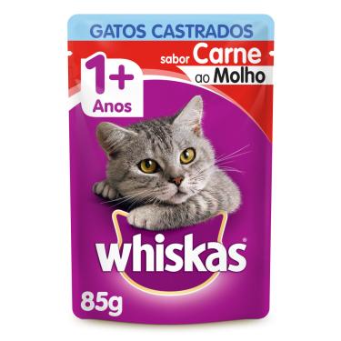 Imagem de Ração Úmida Whiskas Sachê Carne ao Molho para Gatos Adultos Castrados 85 g