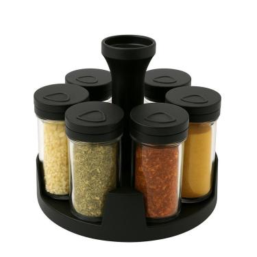 Imagem de Porta Temperos 360º Porta Condimentos Base Giratória Com 6 Potes 85ml De Vidro Preto