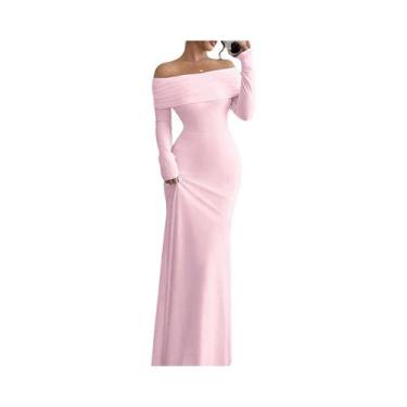 Imagem de Vestido Maxi Sereia Rosa Off-Shoulder De Manga Longa Para Mulheres, El