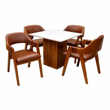 Imagem de Mesa de Jantar Dakota 90x90cm Sem Vidro e 4 Cadeiras Perola em Corino Madeira Cel Móveis Cor Cinamomo Off White com Tecido Marrom