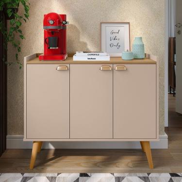 Imagem de Aparador Buffet 3 Portas Cantinho Café Prateleira Organizadora Puxador Concha Vintage Pés Retrô Decoração Sala Jantar Truzzi - Bege/Marrom- RPM