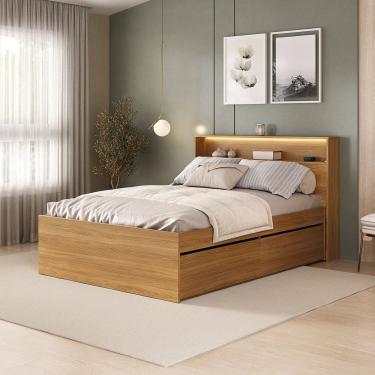 Imagem de Cama de Casal Mdf 4 Gavetas e Cabeceira Nicho com Led Aurora Carvalho Hanover