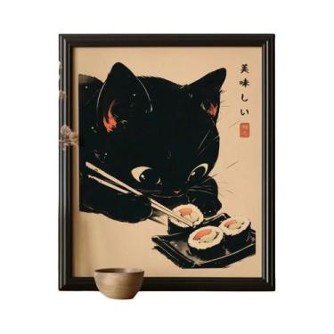 Imagem de Pôster Vintage Japonês De Gato Comendo Ramen E Sushi, Ilustração De Ga