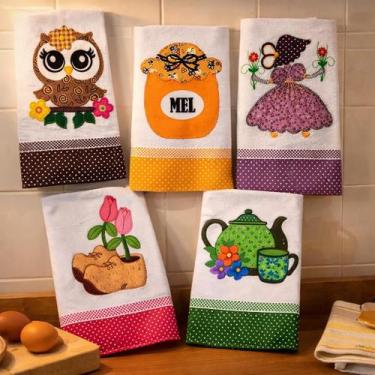 Imagem de Kit Pano de Prato Bordado Patchwork com Bainha Sacaria Santa Margarida