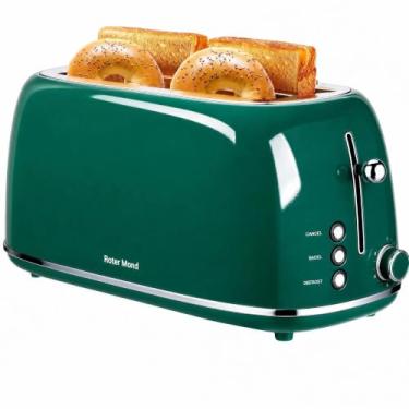 Imagem de Roter Mond Torradeira Retrô De Aço Inoxidável Com 4 Fatias, Função Bagel, Cancelamento, Descongelamento E 6 Configurações Tom Pão, Ranhuras Longas Extra Largas, Bandeja Migalhas Removível, Verde