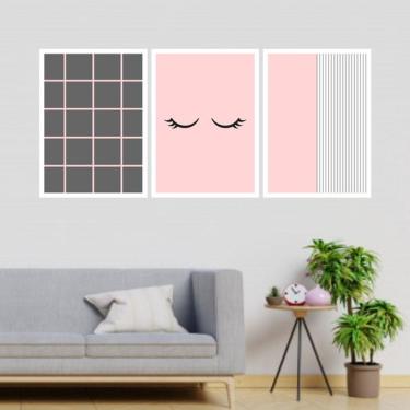 Imagem de Kit 3 Quadros Decorativos Cílios Listras Rosa