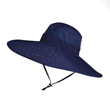 Imagem de Chapéu de pesca sol de aba super larga de 6 pol. malha respirável chapéu de proteção solar Safari UPF50+ à prova d'água para caminhadas acampar jardinagem (Azul marinho)