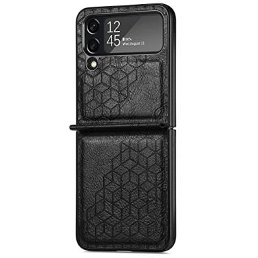 Imagem de YINGDAFENG Capa para Samsung Galaxy Z Flip 4, capa traseira de couro PU capa protetora de PC rígida capa de telefone slim fit suporte de carregamento sem fio capa de telefone dobrável, preta