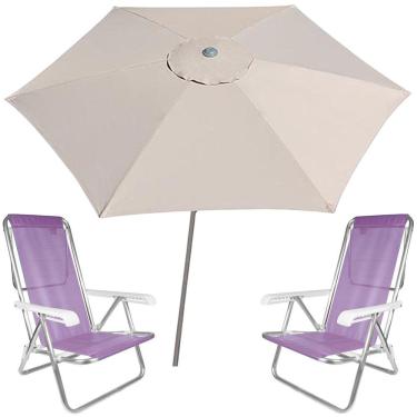 Imagem de Kit Guarda Sol Ombrelone 2,4m Malibu Bege 2 Cadeira 8 Posições Alumínio Sannet Praia Piscina Camping - Tobee