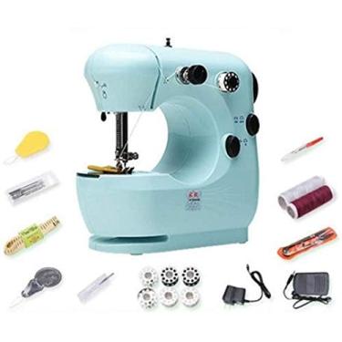 Imagem de Máquina de costura doméstica mini máquina de costura multifuncional elétrica pequena máquina de costura manual (16 acessórios gratuitos) azul atualizado