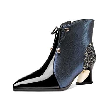 Imagem de TinaCus Botas femininas de couro feitas à mão com bico fino e zíper lateral, cano baixo, cores sortidas com selftie, Azul, 10.5