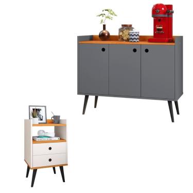 Imagem de Kit Cozinha Cantinho Café Aparador Buffet Decoração Sala Quarto Mesinha Cabeceira Mesa Lateral 2 Gavetas Retrô - RPM Móveis