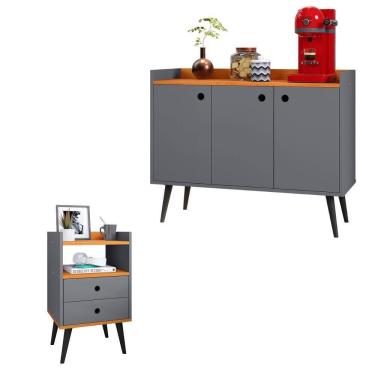 Imagem de Kit Cozinha Cantinho Café Aparador Buffet Decoração Sala Quarto Mesinha Cabeceira Mesa Lateral 2 Gavetas Retrô - RPM Móveis
