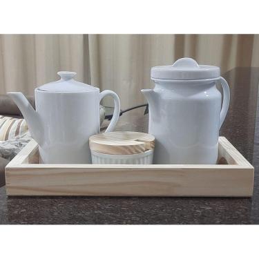 Imagem de Jogo Café e Chá, Bandeja + Bule Bico longo 800ml + Bule cafeteira 1,1L + Açucareiro Ramequim 250ml - Porcelana Branca