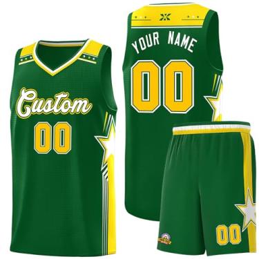 Imagem de Camiseta de basquete personalizada com logotipo de número de nome, regata e shorts estampados personalizados para homens mulheres jovens, 20. verde/amarelo, One Size