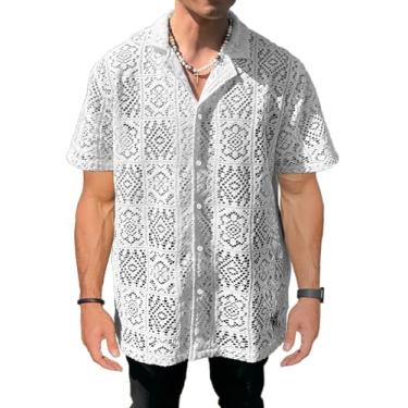Imagem de Camisa masculina de renda transparente com botões, malha floral, manga curta, camiseta de malha aberta, praia, férias casuais, Branco, GG