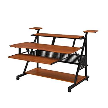 Imagem de Mesa de estúdio de gravação de música com bandeja de teclado de piano, mesa de trabalho de estúdio de gravação com suportes, prateleira inferior, mesas de computador de escritório doméstico de madeira