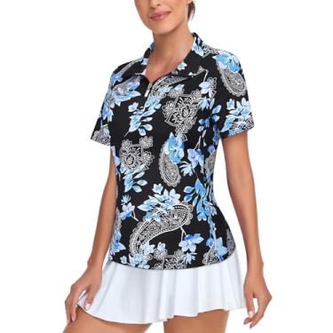 Imagem de Tanst Sky Camisa polo feminina de golfe com zíper com zíper e secagem rápida, Floral, preto e azul, G